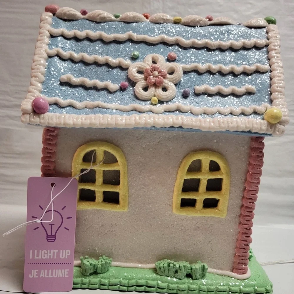 Easter Spring Clay Dough Light Up House 9” White Bunny In Glittered Gingerbread